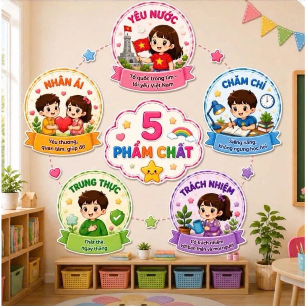 Bộ 5 Phẩm Chất – Trang Trí Lớp Học, Giáo Dục Phẩm Chất Học Sinh, Decor Lớp Học Mầm Non Tiểu Học