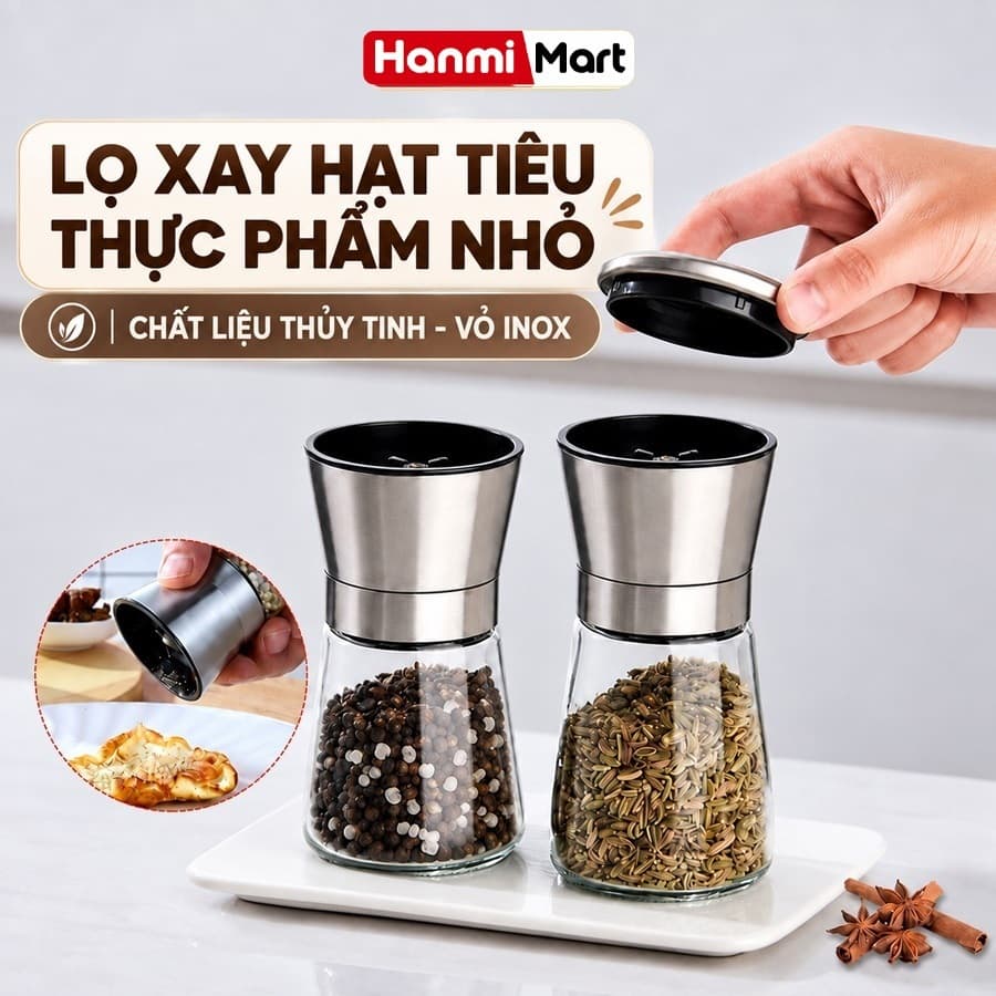 Lọ Xay Tiêu Cầm Tay Inox Đa Năng HanmiMart Dụng Cụ Xay Gia Vị Cho Nhà Bếp