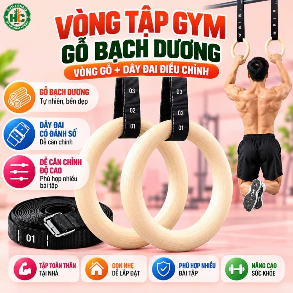 Bộ 2 Vòng Treo Gymnastic Rings Hỗ Trợ Tập Dip Với Xà Đơn, GYM Ring Ngoài Trời HC Sport (1 Đôi)