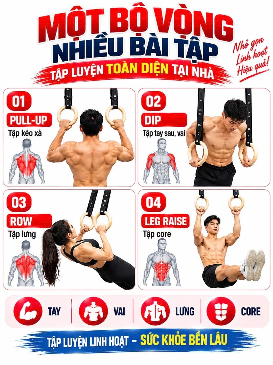 Bộ 2 Vòng Treo Gymnastic Rings Hỗ Trợ Tập Dip Với Xà Đơn, GYM Ring Ngoài Trời HC Sport (1 Đôi)