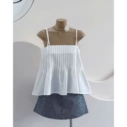 Set áo kiểu 2 dây cột cổ vuông dáng xoè nhẹ và chân váy kẻ sọc có lót 4