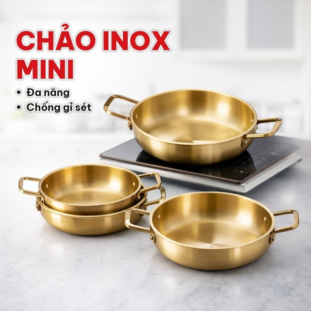 (COMBO 3) Chảo Inox Mini 19CM Mạ Vàng Đa Năng, Nồi Lẩu Mini Phong Cách Hàn Quốc Dùng Nấu Mì Cay, Soup