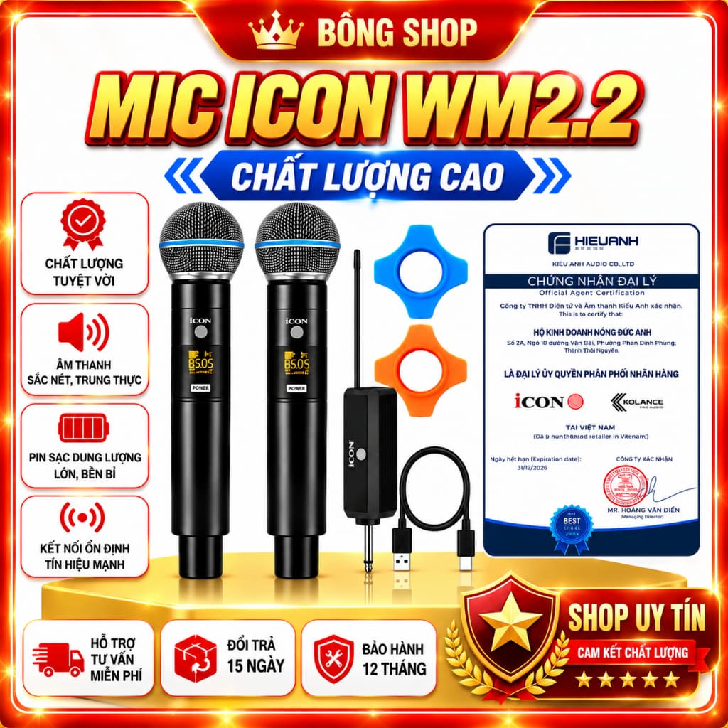 Micro Không Dây ICON WM2.2 2 Mic Cầm Tay Hát Karaoke Livestream Thu Âm Kết Nối Ổn Định