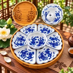 Bộ Bát Đĩa Hoa Mặt Trời Rồng Phượng Ngũ Phúc 7 Món Kèm Khay Tròn 45cm – Gốm Sứ Trắng Xanh, Họa Tiết Sang Trọng 2