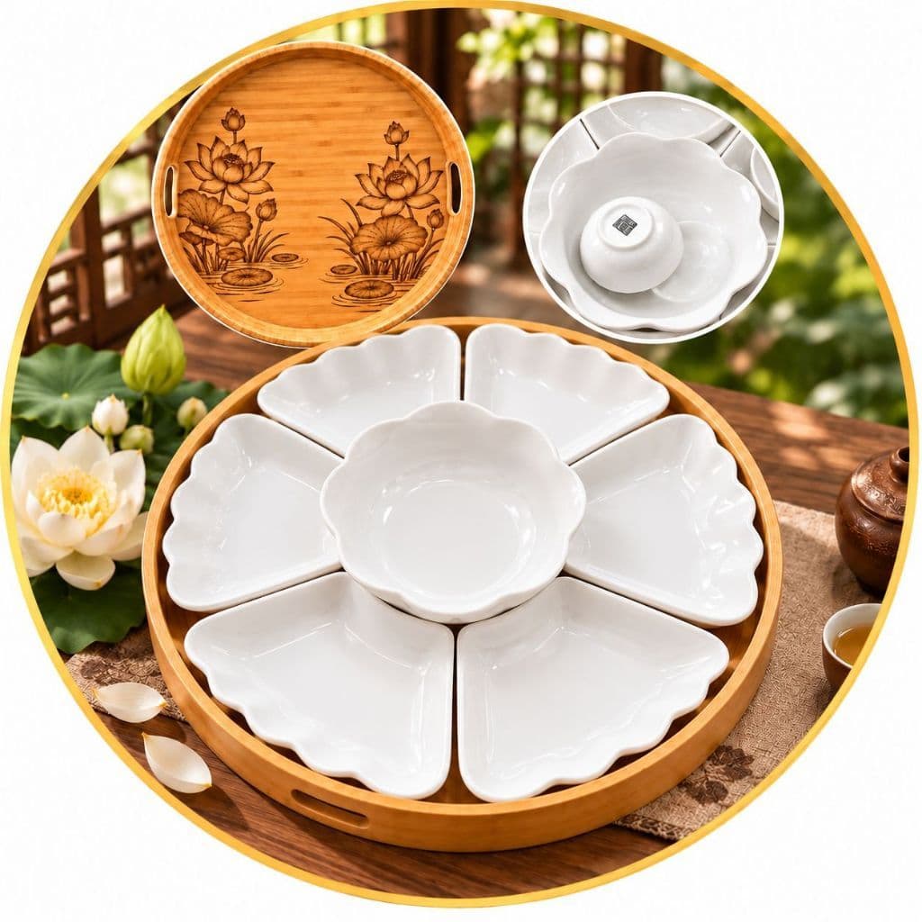 Bộ bát đĩa Hoa Mặt Trời Thương Hiệu Gochy Gốm Sứ Bát Tràng Họa Tiết trắng trơn 45cm