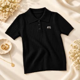 Len Nữ Tay Ngắn Cổ Polo Thêu Chữ M – Dệt Gân Ôm Dáng, Phong Cách Hàn Quốc 8