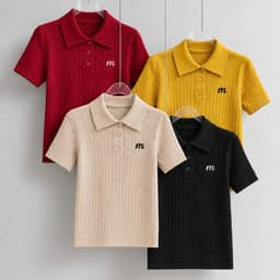 Len Nữ Tay Ngắn Cổ Polo Thêu Chữ M – Dệt Gân Ôm Dáng, Phong Cách Hàn Quốc 4