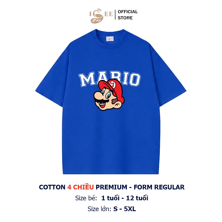 (9kg-100kg) - Áo thun bé trai, áo thun gia đình ISEE VN in MARIO màu xanh, vải cotton 4 chiều Premium form vừa người
