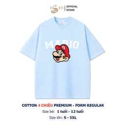 (9kg-100kg) - Áo thun bé trai, áo thun gia đình ISEE VN in MARIO màu xanh, vải cotton 4 chiều Premium form vừa người 2