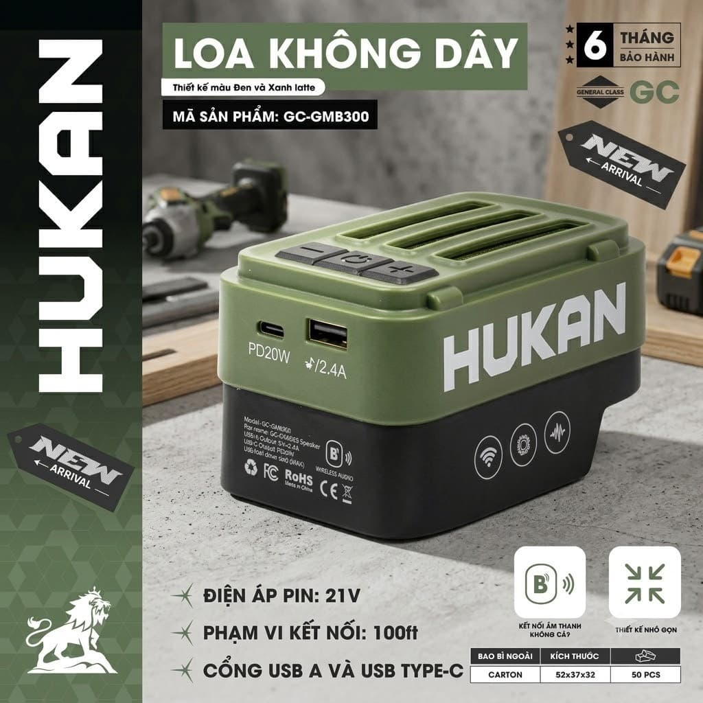 Loa Dùng Pin 21V Hukan GC-GMB300 Không Dây Bluetooth, Tích Hợp Cổng Sạc Nhanh Điện Thoại