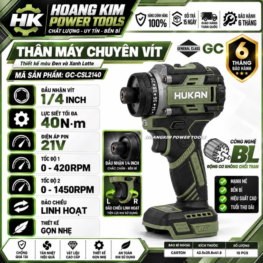 Máy Chuyên Vít Trượt Hukan GC-CSL2140, Động Cơ Không Chổi Than, Lực Siết 40Nm, Chân Pin Phổ Thông - BH6 Tháng