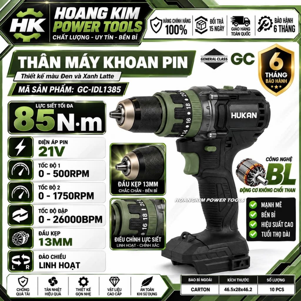 Máy khoan pin HUKAN GC-IDL1385, Không chổi than, 85 Nm, 1750 v/p, Đầu kẹp 13mm, Khoan tường, sắt, gỗ
