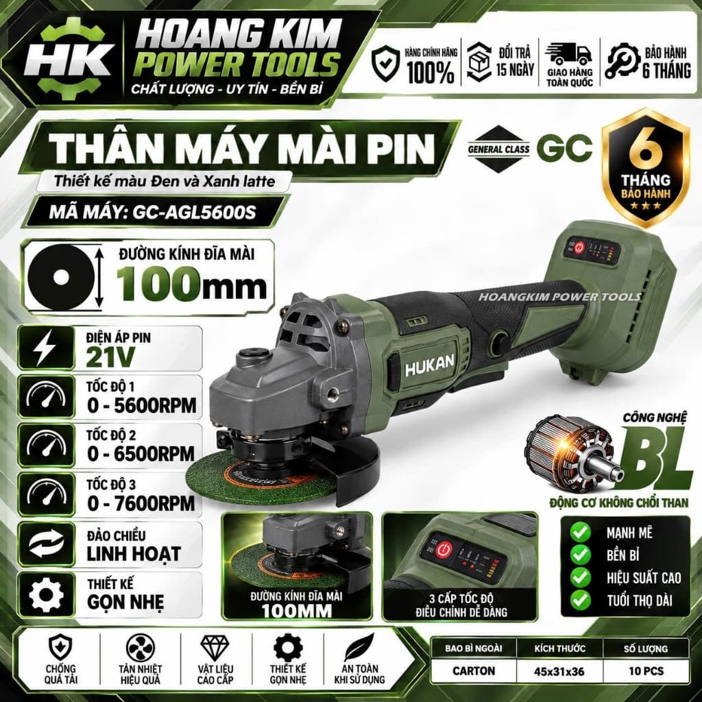 Máy mài pin HUKAN GC-AGL5600S, Không chổi than, 3 tốc độ, 7600 v/p, Đĩa mài 100mm