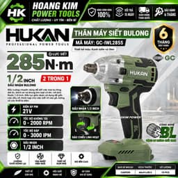 Máy siết bulong pin HUKAN GC-IWL285S, Không chổi than, 285 Nm, Đầu bulong 1/2 Inch 2 trong 1 1