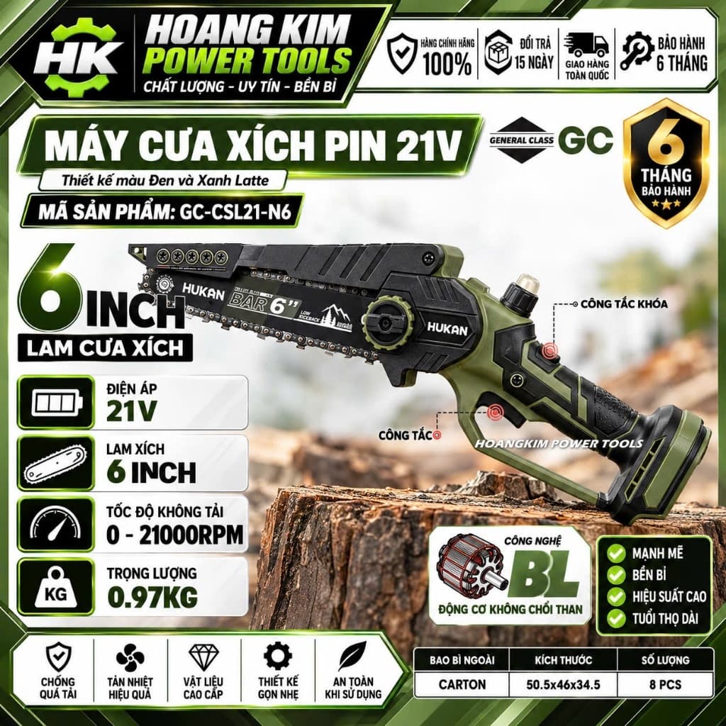 Máy cưa xích pin HUKAN GC-CSL21-N6, Không chổi than, 21000 v/p, Lam xích 6 Inch