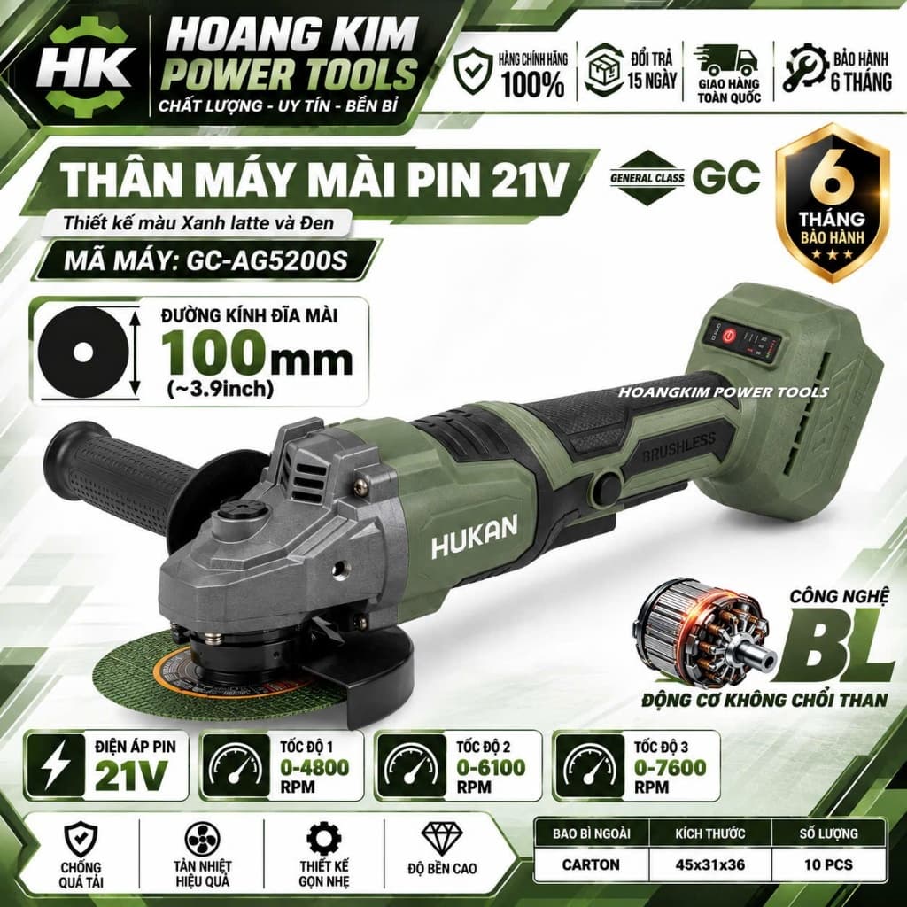 Máy mài pin HUKAN GC-AG5200S, Không chổi than, 3 tốc độ, đường kính đĩa 100mm