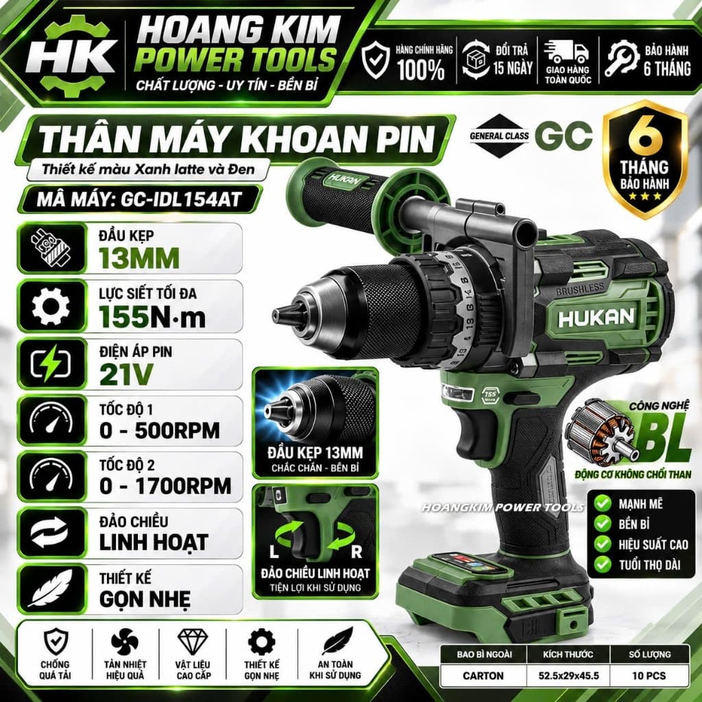 Máy khoan pin HUKAN GC-IDL154AT, Không chổi than, 2 tốc độ, 1700 v/p, 155 N.m, Đầu kẹp 13MM