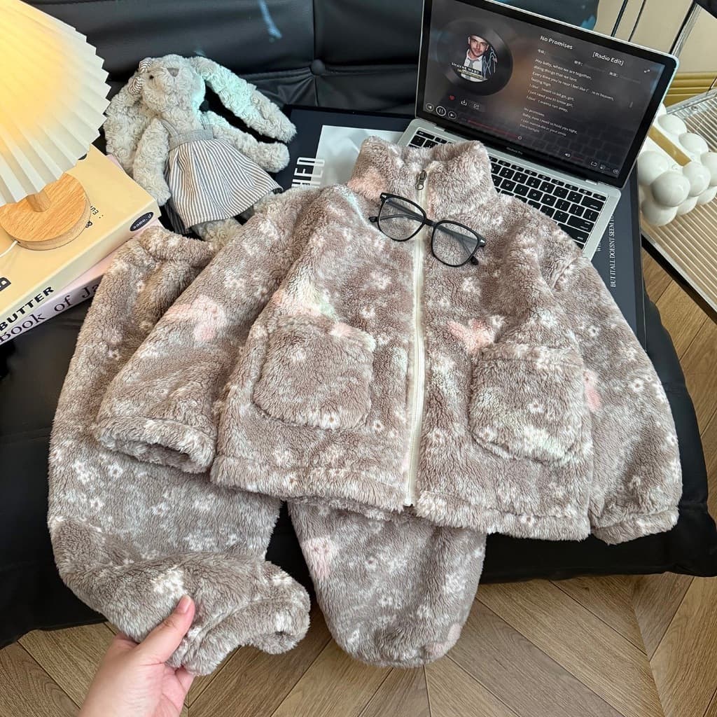 Áo Sữa Bộ Đồ Lông Cừu Cho Bé, Cổ Đứng Khóa Kéo, Họa Tiết Ngôi Sao/Hoa, Dày Dặn, Dễ Thương, Thời Trang Thu Đông.