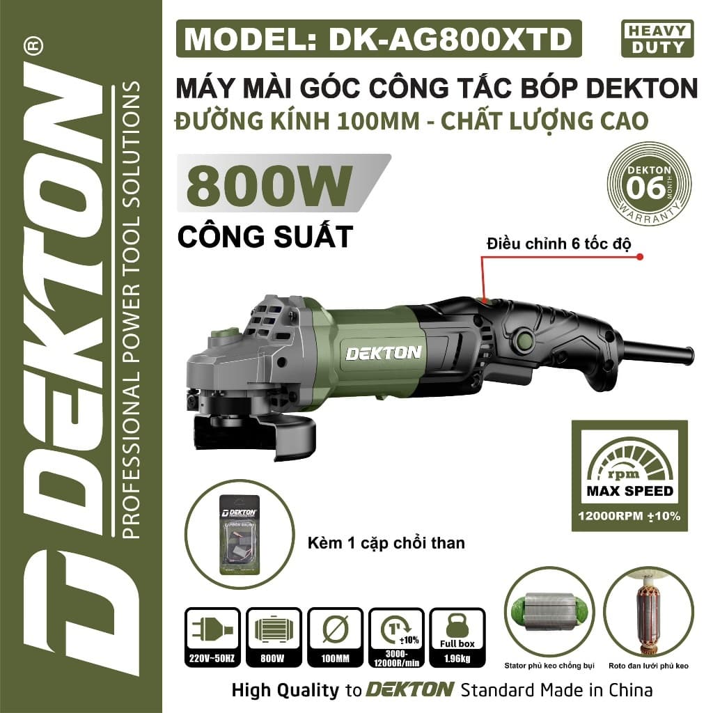 Máy mài góc DEKTON DK-AG800XTD, Động cơ đồng, 800w, chỉnh 6 tốc độ, 12000 v/p, Công tắc bóp