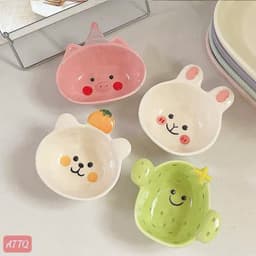 Set Khay Ăn Dặm Bằng Sứ Chia Ngăn Kèm Bát Hình Thú Thỏ Gấu Xương Rồng Và Muỗng Cho Bé Ăn Dặm BLW Kiểu Nhật 2