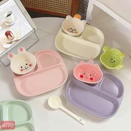 Set Khay Ăn Dặm Bằng Sứ Chia Ngăn Kèm Bát Hình Thú Thỏ Gấu Xương Rồng Và Muỗng Cho Bé Ăn Dặm BLW Kiểu Nhật 4
