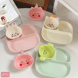 Set Khay Ăn Dặm Bằng Sứ Chia Ngăn Kèm Bát Hình Thú Thỏ Gấu Xương Rồng Và Muỗng Cho Bé Ăn Dặm BLW Kiểu Nhật 3