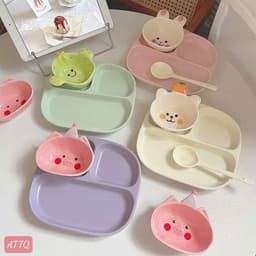 Set Khay Ăn Dặm Bằng Sứ Chia Ngăn Kèm Bát Hình Thú Thỏ Gấu Xương Rồng Và Muỗng Cho Bé Ăn Dặm BLW Kiểu Nhật 1