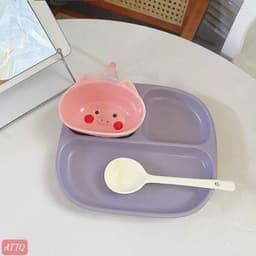 Set Khay Ăn Dặm Bằng Sứ Chia Ngăn Kèm Bát Hình Thú Thỏ Gấu Xương Rồng Và Muỗng Cho Bé Ăn Dặm BLW Kiểu Nhật 5