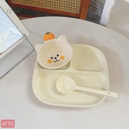 Set Khay Ăn Dặm Bằng Sứ Chia Ngăn Kèm Bát Hình Thú Thỏ Gấu Xương Rồng Và Muỗng Cho Bé Ăn Dặm BLW Kiểu Nhật 7
