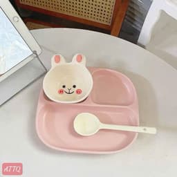 Set Khay Ăn Dặm Bằng Sứ Chia Ngăn Kèm Bát Hình Thú Thỏ Gấu Xương Rồng Và Muỗng Cho Bé Ăn Dặm BLW Kiểu Nhật 8