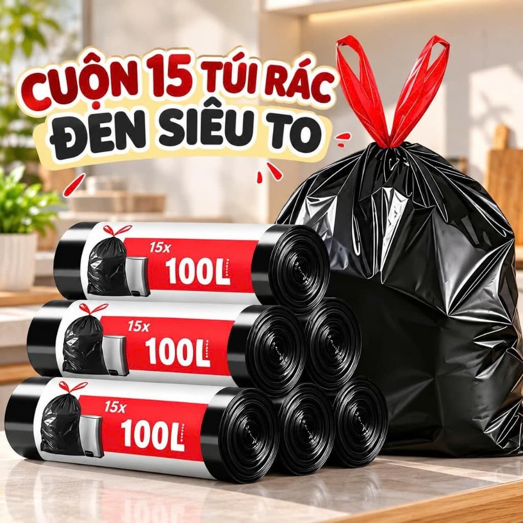 Cuộn 15 túi rác đen siêu to, siêu dai tiện dụng dung tích 30/60/100l