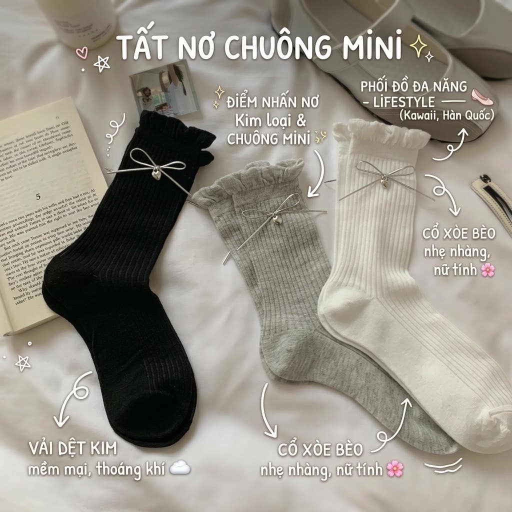 Tất Cổ Cao Nữ Viền Bèo Nhún Phối Nơ Kim Loại Đính Chuông Phong Cách Nhật Bản Ngọt Ngào TT3