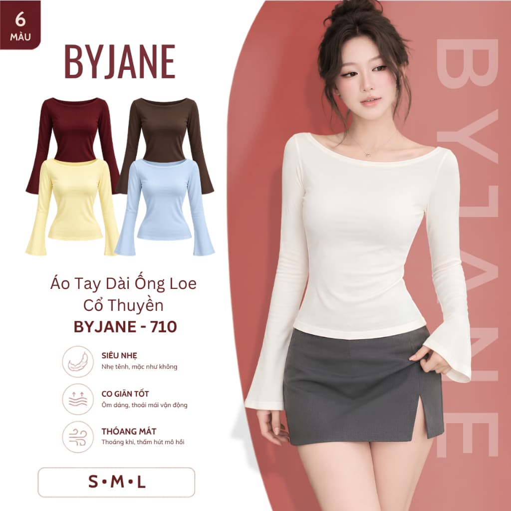 [ MỞ BÁN ]  Áo Thun Nữ Tay Dài Ống Loe Ôm Body Cổ Thuyền Chất Vải Mềm Mịn Co Giãn 4 Chiều Siêu Nhẹ Thoáng Mát BYJANE-710
