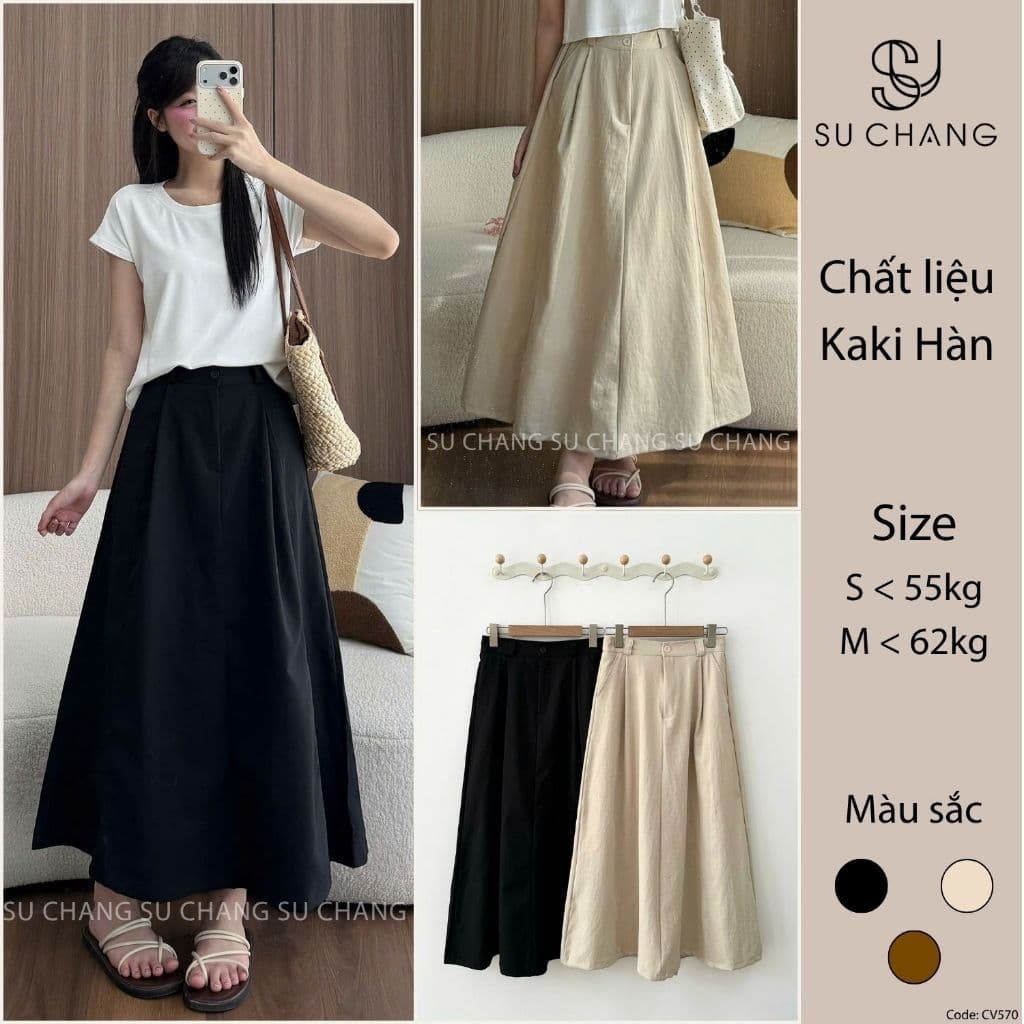 Chân Váy Kaki Dáng Dài Basic 2 Túi Bên CV570 Su Chang Thời Trang Nữ