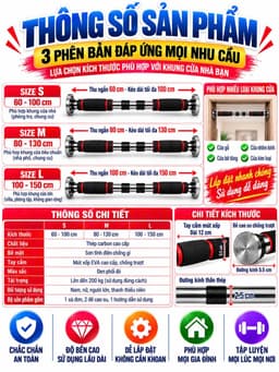 Xà đơn treo tường xà đơn tập tại nhà cao cấp  mút dài điều chỉnh độ dài từ 60 đến 150cm 6