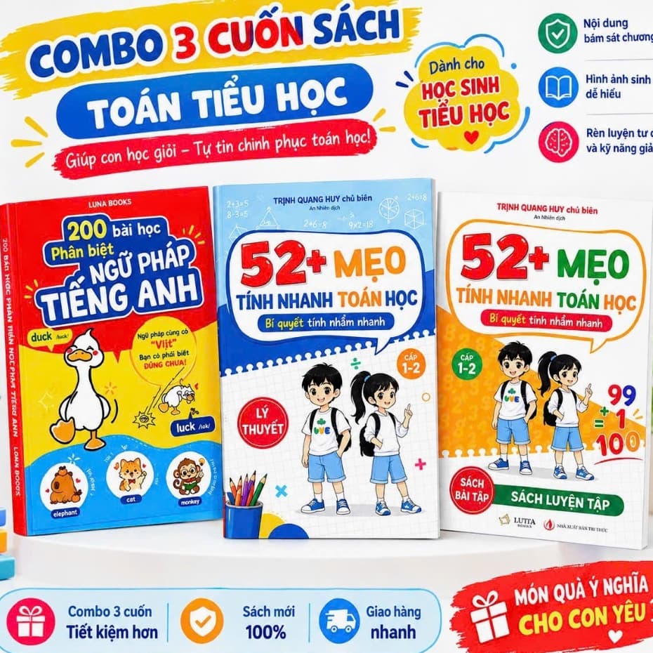 Combo 3 cuốn sách 52+ Mẹo Tính Nhanh Toán Học Bí Quyết Tính Nhẩm Nhanh & 200 Bài Tập Phân Biệt Ngữ Pháp Tiếng Anh in màu