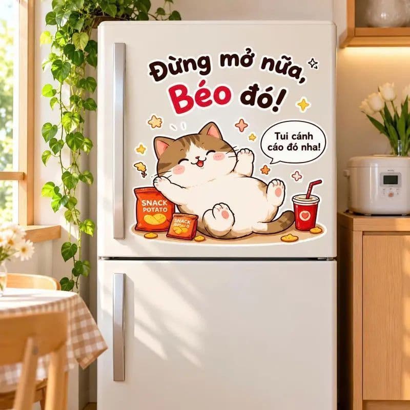 Decal Dán Tủ Lạnh Mèo Con "Đừng Mở Nữa, Béo Đó!" Chống Thấm Nước, Bền Bỉ và Độc Đáo