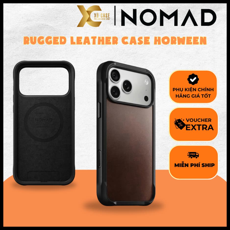 [Có iP18] Ốp Da NOMAD Rugged Leather Case Horween Da Cao Cấp Có Nút Control  – Chính Hãng cho iP 18 | 17 Pro Max