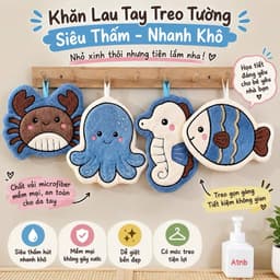 Khăn lau tay treo tường HẢI SẢN hình cá ngựa, bạch tuộc, cua, cá, vải vi sợi siêu thấm nhanh khô A2Ti0 1