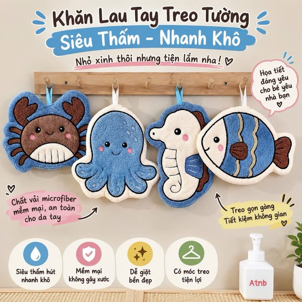 Khăn lau tay treo tường HẢI SẢN hình cá ngựa, bạch tuộc, cua, cá, vải vi sợi siêu thấm nhanh khô A2Ti0