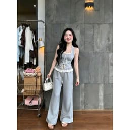 Set bộ phong cách áo yếm cổ vuông và quần dài phối ren 4