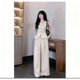 Bộ nữ áo ghile có dây buộc sau kèm quần rộng phong cách 3