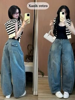Quần Bò Nữ Baggy Ống Cong Túi Hộp Cạp Cao Jean Suông Rộng Style Hàn Quốc 2