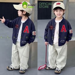 [10-29kg] Áo Khoác Varsity Cao Cấp Bé Trai KIMCHIBABY Nỉ Lông Cáo Dày Mịn Ấm Dáng Bomber, Áo Khoác Cho Bé Mặc Thu Đông 3