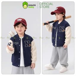 [10-29kg] Áo Khoác Varsity Cao Cấp Bé Trai KIMCHIBABY Nỉ Lông Cáo Dày Mịn Ấm Dáng Bomber, Áo Khoác Cho Bé Mặc Thu Đông 8