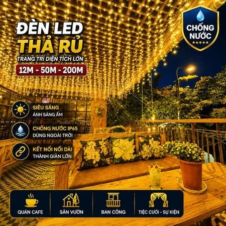 Đèn Led Mành Thả Rủ 6M 24 Sợi, 8m 32 sợi. 12 m 48 sợi  – Trang Trí Cafe, Ban Công, Tiệc Cưới