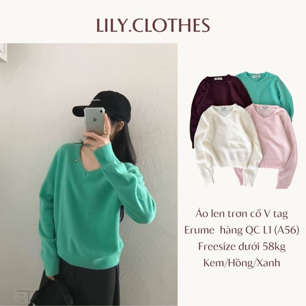 Lily.clothes- Áo len trơn mịn cổ V dài tay form lửng tag Erume hàng QC Loại 1 (A56)