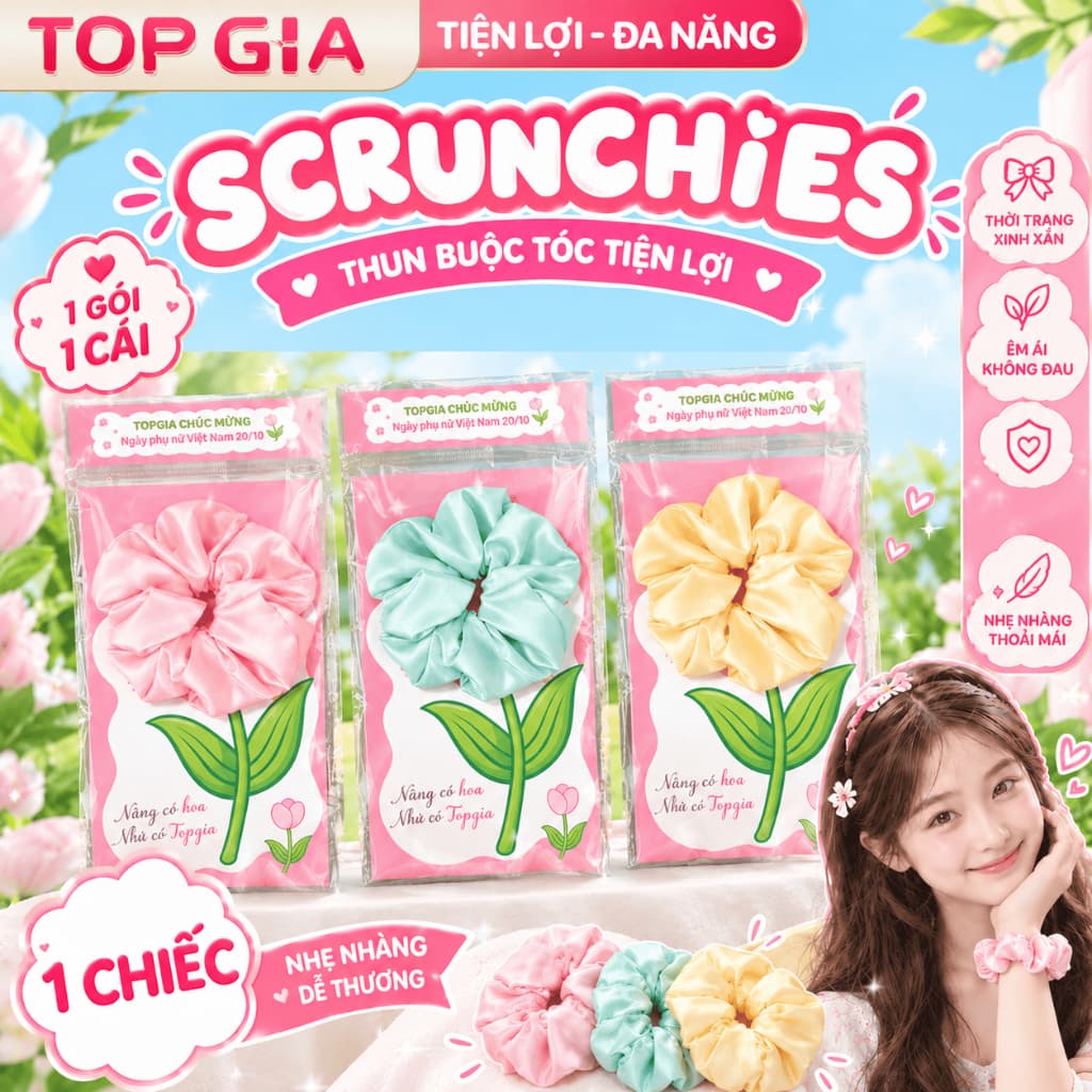 (Quà tặng không bán) Dây buộc tóc Scrunchies cột tóc TopGia thiết kế xếp ly mềm mại, thời trang, nữ tính MNTH