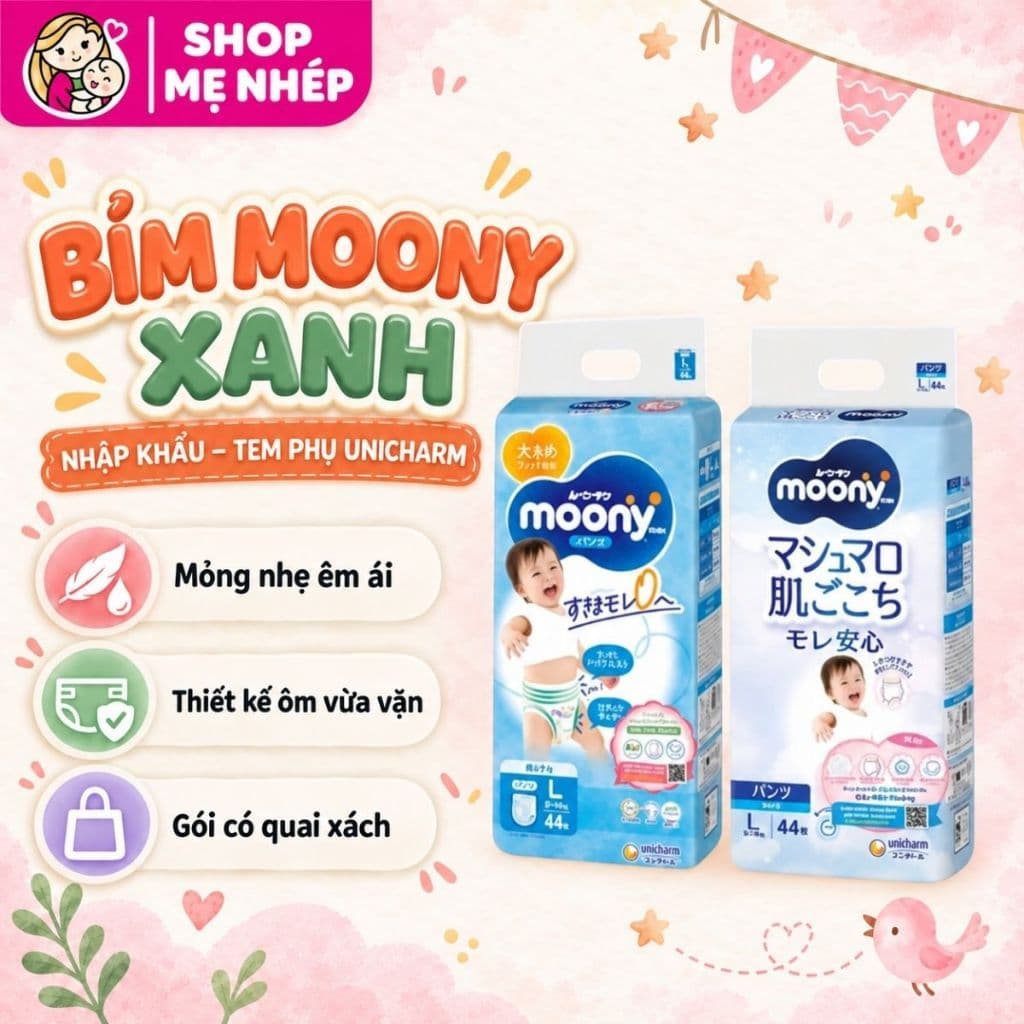 Tã Bỉm Quần/Dán MOONY Xanh Unicharm Nhập Khẩu Chính Hãng, Đầy Đủ Tem Phụ cho bé trai và bé gái