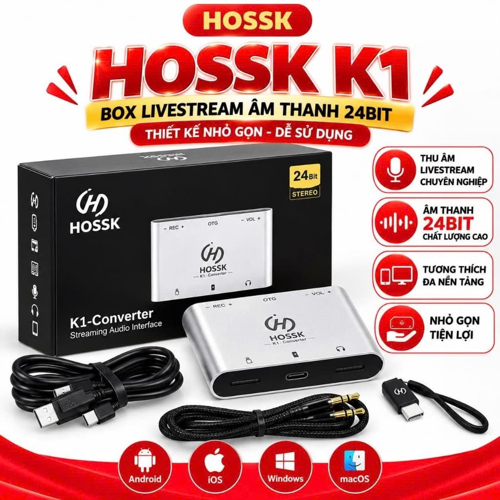 Box Livestream HOSSK K1 24Bit Stereo – Sound Card Thu Âm, Livestream, Kết Nối Điện Thoại Máy Tính